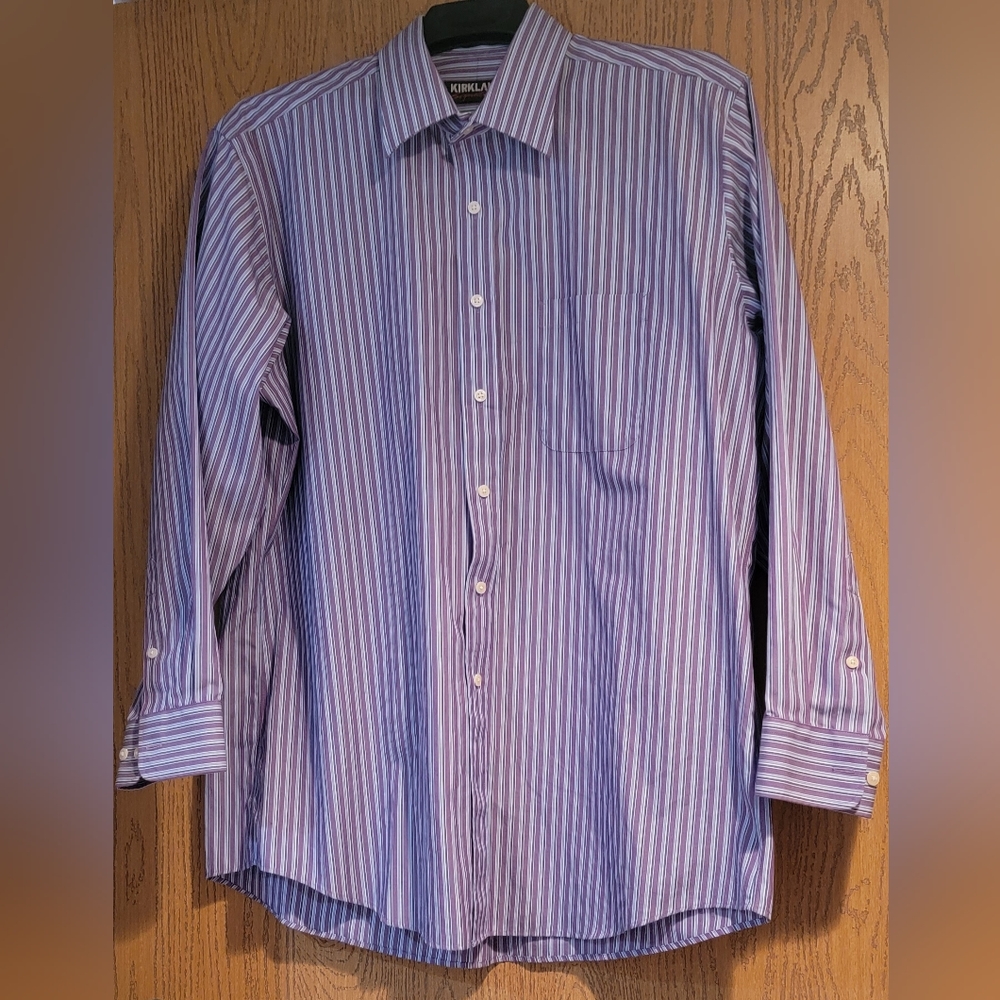 Men's Kirkland Signature Purple Striped Long-Sleeve Dress Shirt, Size 17 34